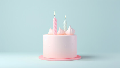 Birthday cake pastel colored 3D with number two and candles. Delicious 2 Anniversary candle. Confetti pink and blue background Copy space Happy Birthday concept - obrazy, fototapety, plakaty