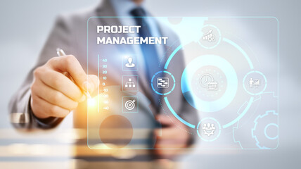 Project management business corporate technology. Businessman pressing button on screen.