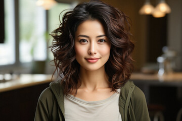 Portrait of beautiful young asian woman smiling at camera in cafe.