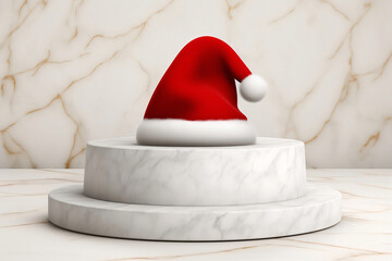 Red Santa Claus Hat on a Marble Podium