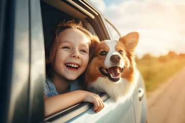 Child and dog sticking their heads out of the car window