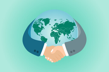 Handshake symbol with globe world map background. International partnership business concept. Vector illustration.