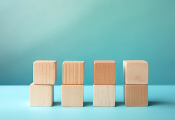 Eight wooden cubes set on light blue surface