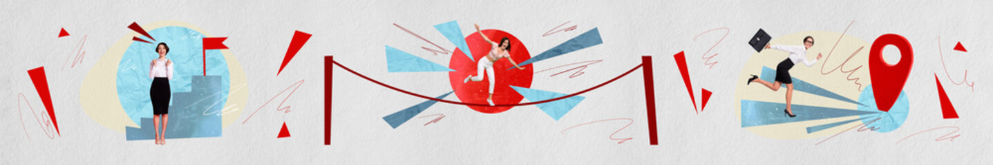 Collage panorama collection of women excited risk achieve goals finish flag rope walking and run to...