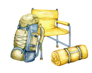 Camping in nature. Hiking gear, hand drawn watercolor illustration. Glamping clipart, tripod, barbecue and folding chair, saucepan and backpack, blanket, lantern