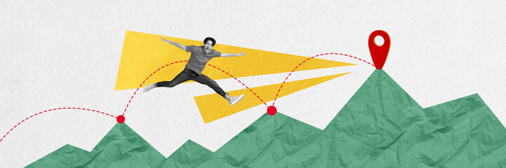 Horizontal collage illustration funny guy running to his dream aspiration high top of mountain reach peak geotag isolated white background