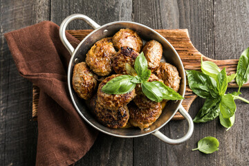 Homemade  croquettes  or patties. Fritters from minced pork. Delicious and nutritious lunch or dinner.