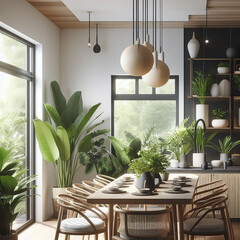 A dining space that blends modern aesthetics with nature-inspired elements. Think about incorporating indoor plants, natural materials, and large windows. - obrazy, fototapety, plakaty