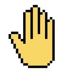 Fototapeta premium Yellow hand line icon. Stop gesture, sign language, finger, emoji, chatting, correspondence, pixel style. Multicolored icon on white background.