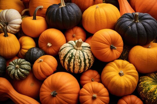 Close-up of fresh pumpkins of different shapes and sizes