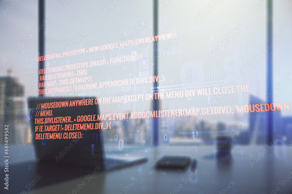 Poster multi exposure of abstract software development hologram and modern desktop with laptop on backgroun