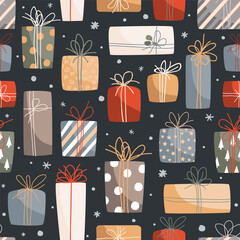 Christmas and Happy New Year seamless pattern with Christmas gift boxes in doodle vintage style. Vector design for winter sale background, wrapping paper, cards, textile.