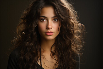 Fototapeta premium Portrait of beautiful young woman with long curly hair on dark background.