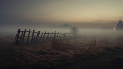 An old fence on a field with fog
