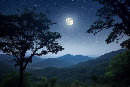 Compose evocative image of full moon in starry night sky. Show the moon's brilliant illumination casting soft glow on the landscape below --v 5.1 © Ruby