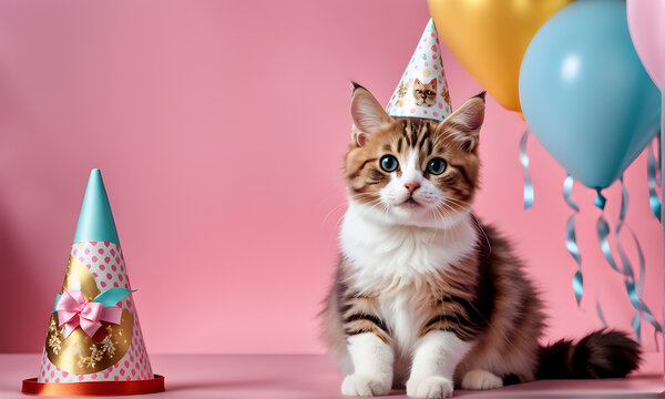 A cute cat sitting in a cone hat enjoying a party, with a gift box placed around it. Generative AI
