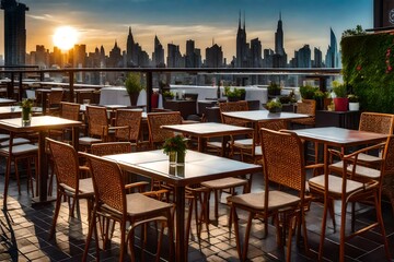 Rooftop Dining Experience with Tables and Chairs, Immersed in Urban Artistry