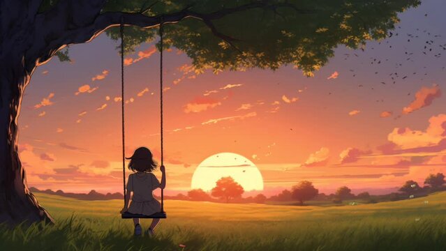Cozy lofi anime girl, sitting on a tree swing with sunset view and soothing wind. seamless looping time-lapse animation video background. Generated with AI