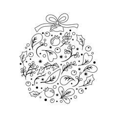 Christmas ball with floral elements in black and white. Design for greeting cards, coloring book, invitation.
