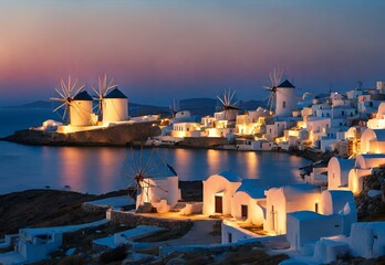 Fototapeta premium Iridescent Isles: Greece's Mykonos Windmills Evening Glow.