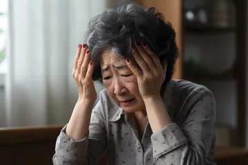 Fotobehang Forgetful asian senior woman with amnesia, brain disease, patient holding head with her hands, suffering from senile dementia, memory disorders, confused old elderly with Alzheimer's disease. © Bojan