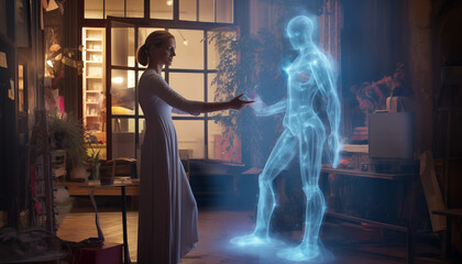 Woman touching hologram. AI generated