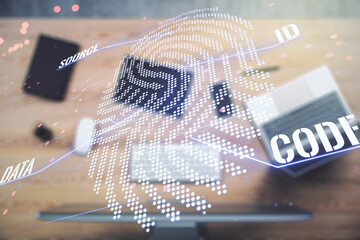 Multi exposure of abstract graphic fingerprint sketch on modern computer background, fingerprint scan data concept