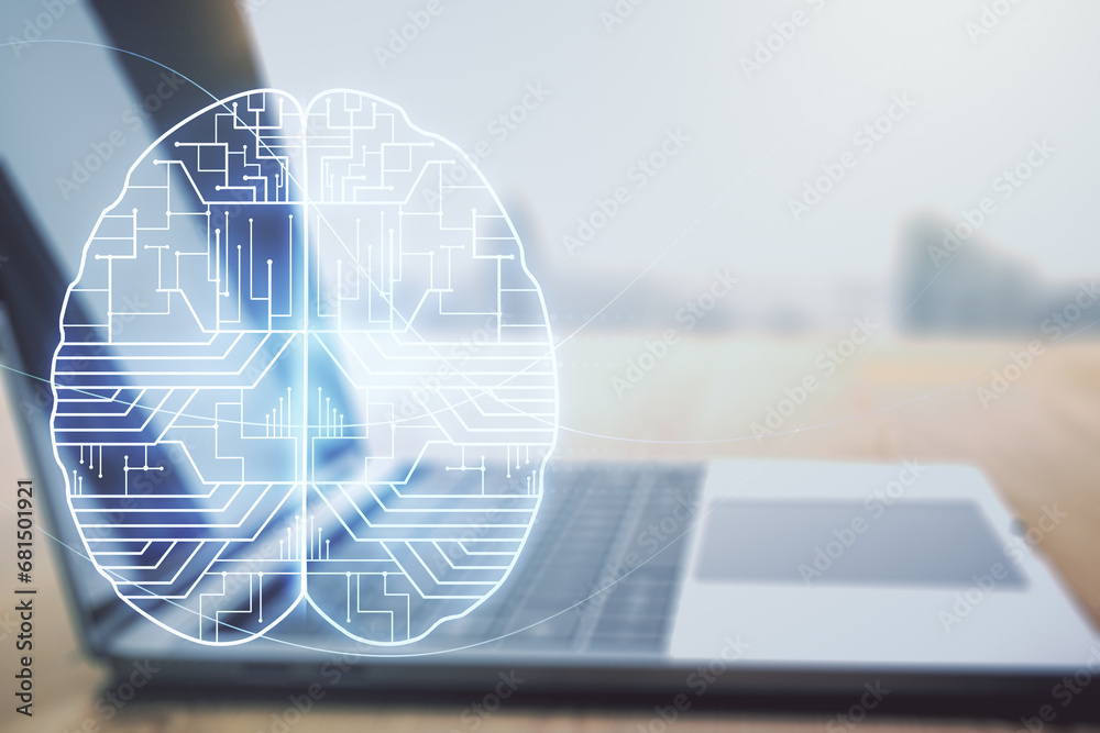 Poster Double exposure of creative human brain microcircuit with computer on background. Future technology and AI concept