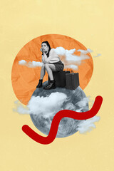 Vertical creative collage image of sad bored girl sit full moon luggage travel wait promo space...