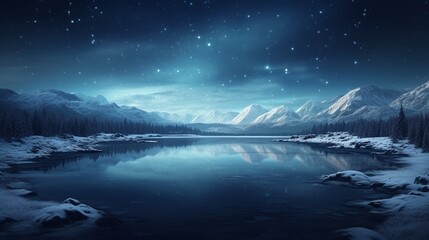 Fototapeta na wymiar The Winter Solstice over a frozen lake, where the ice reflects the starry sky above, captured in high detailed beauty.