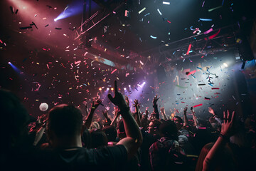Fototapeta na wymiar New Year's celebrations, a crowd of people dancing in the nightclub. AI Degenerative