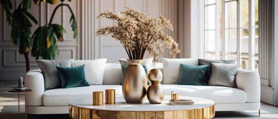 Modern living room interior design with white sofa, coffee table and gold decor. Elegant Luxury Interior of Living Room of a Rich House. - obrazy, fototapety, plakaty