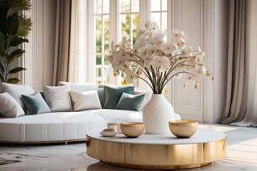 Living room interior with white sofa and vase with white orchids. Elegant Luxury Interior of Living Room of a Rich House.