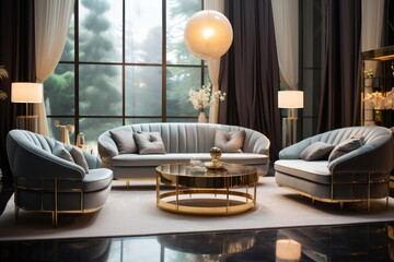 Luxury living room interior design with sofa and coffee table. Elegant Luxury Interior of Living Room of a Rich House.