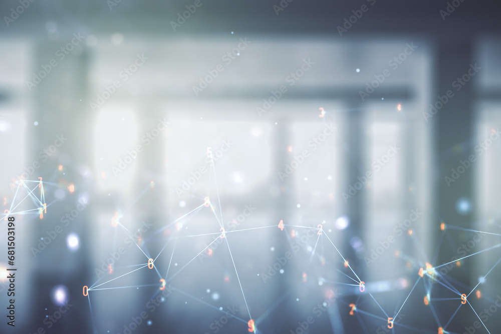 Poster abstract virtual wireless technology hologram on empty corporate office background. big data and dat
