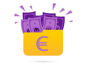 Money Purple Euro currency falling out of wallet, many Euros in brown wallet on white background eps10