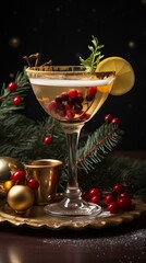 Christmas still life with cocktail and fir branches. Winter cocktail decorated with cranberry and lemon