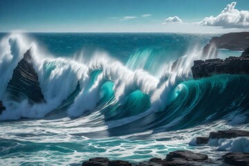 Big Waves Creating a Stirring Commotion Along the Reef - obrazy, fototapety, plakaty
