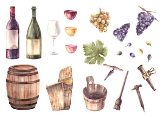 Watercolor winemaking set. Bottle, glasses with wine fillings. Wood barrel, wicker basket, bunch, leaf and berries of grapes, corkscrew, crusher Hand painted illustration isolated on white background 