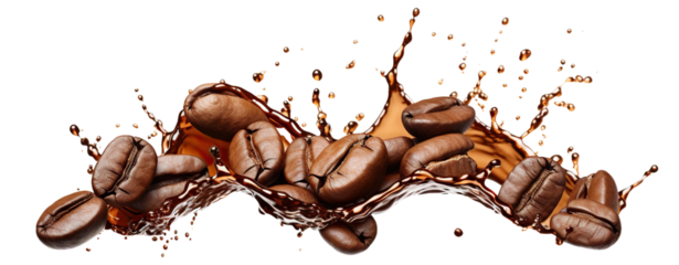 Delicious coffee beans in splashes of coffee, cut out