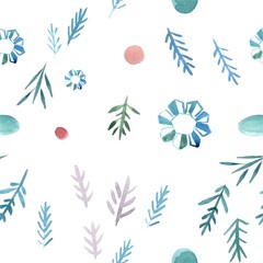 Obraz premium Watercolor seamless pattern with various types of winter branches and snowflakes on a white background. Fabric design.