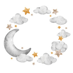 Moons with clouds and stars. Grey crescent moons. Cute baby aircraft. Children's background. Watercolor round frame. Isolated. Design for kid's goods, postcards, baby shower and children's room