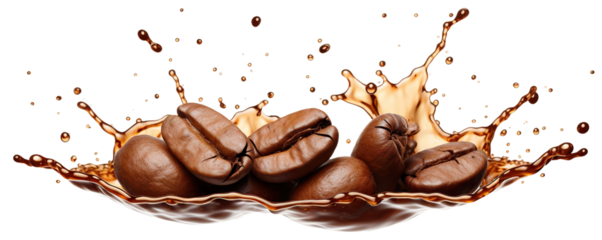 Delicious coffee beans in splashes of coffee, cut out