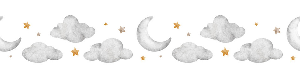 Crescent moon and stars. Cute baby seamless border. Children's background. Watercolor border Isolated. Design for kid's goods, postcards, baby shower and children's room