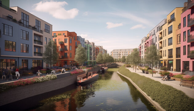 colourful new postmodern urban canal with apartment rows. AI generated