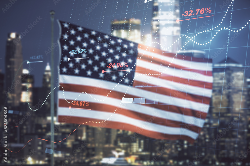 Poster multi exposure of abstract statistics data hologram interface on us flag and city background, comput