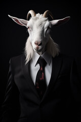 Cabra branca vestido com um terno elegante e uma bela gravata. Retrato fashion de um animal antropomórfico posando com uma atitude humana - obrazy, fototapety, plakaty