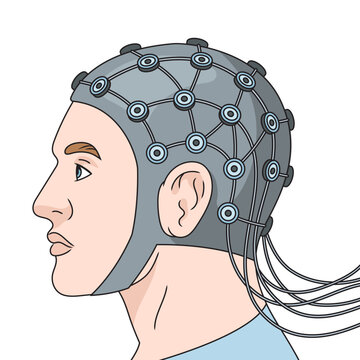 Human with electrical sensors on head for electroencephalography diagram hand drawn schematic vector illustration. Medical science educational illustration