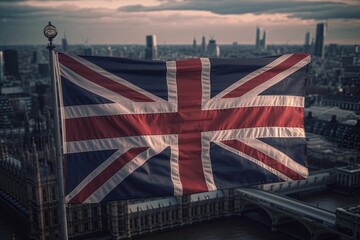 Great Britain flag with London in the background. independence Day