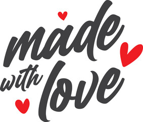 Modern vector illustration made with love. Lettering with red heart symbol. Hand drawn calligraphy isolated on white background. Lettering for your handcrafted goods.